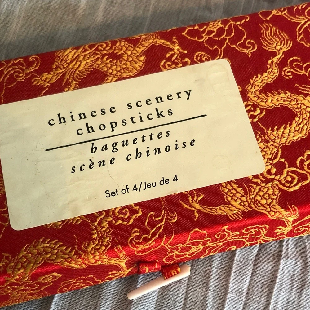 Chinese Scenery CHOPSTICKS set of 3 in red & gold serpent dragons storage box